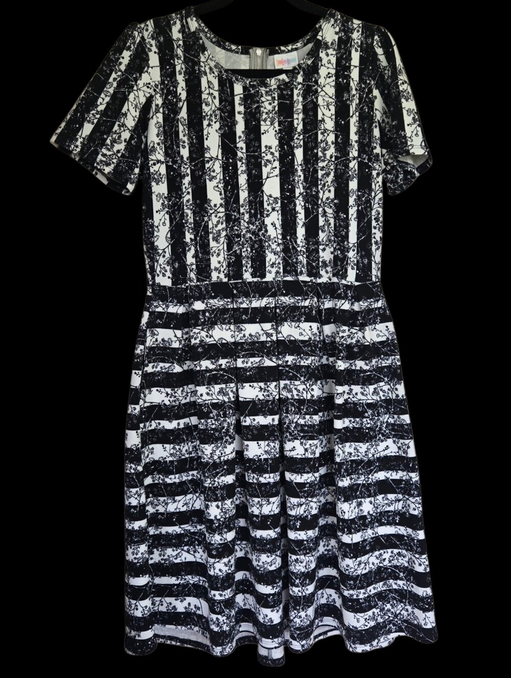 LuLaRoe Black & White Striped Floral Print Fit-and-Flare Dress L